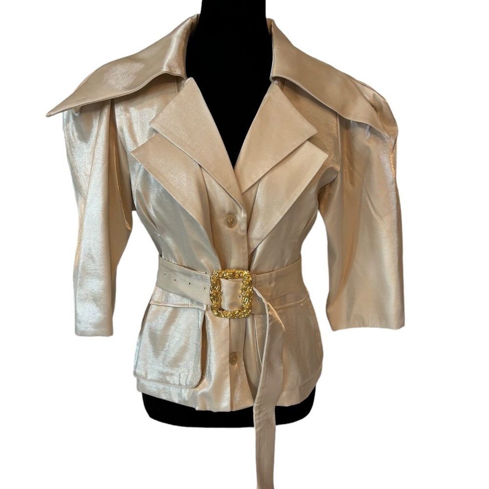 Cream Metallic Sheen Belted Jacket - Picture 7 of 15